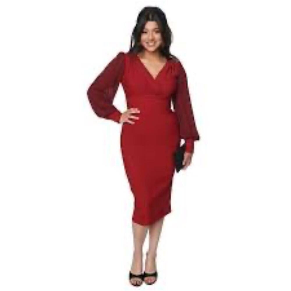 Unique Vintage Delores Pencil Dress with L/S Chiffon Sz Small Burgundy #98